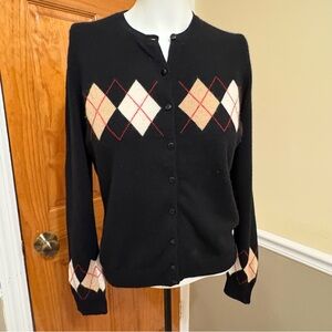 Chapter Club Cashmere Argyle Pattern Black Cardigan Sweater Sz.S